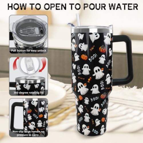 Halloween Tumbler with Handle 40oz - Cute Ghost Pumpkin Dark Aesthetic Travel Mug - Black Boo Variation