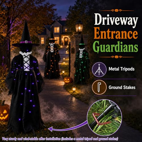 MCJC Halloween Witch Decorations Outdoor Set of 3 Light Up Stakes - Black