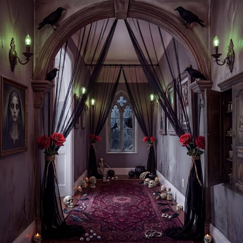 Halloween Black Sheer Curtain Set with Red Roses for Doorway & Hallway Decor