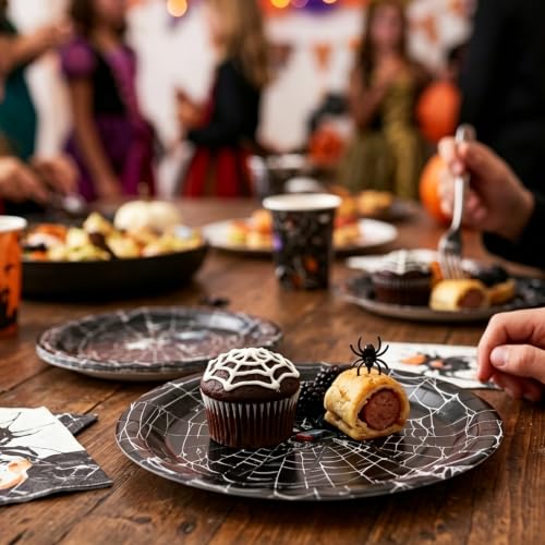 50 Pack Halloween Spider Web Dessert Plates - 7 Inch Disposable Party Tableware