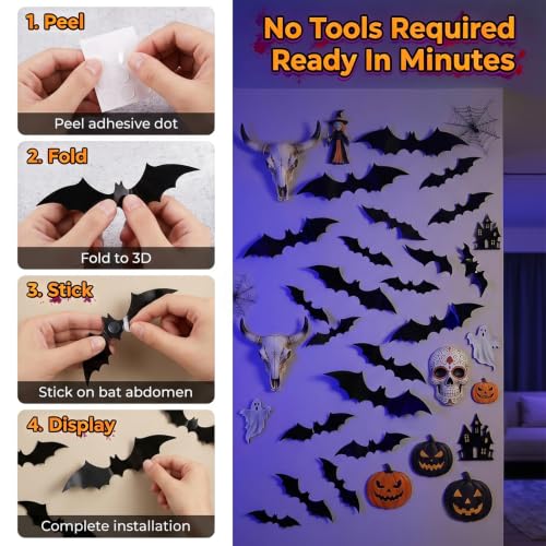 Halloween Bat Wall Decor Stickers - 81pcs Black 3D Spooky Indoor Decorations