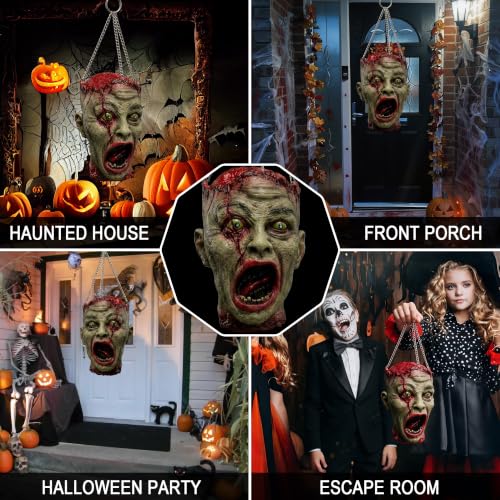 Halloween Bloody Zombie Head Prop - Latex Hanging Severed Head with Chains - 11.8"