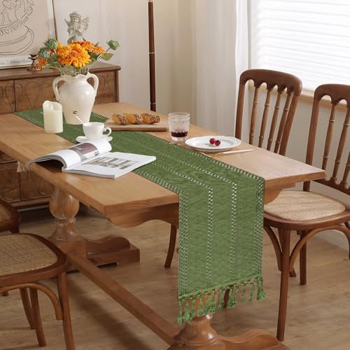 Sage Green Boho Table Runner 12x72 Inches with Tassels - Rustic Cotton Linen Decor