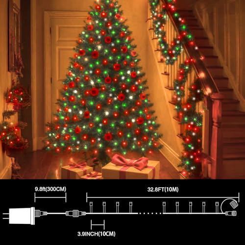 Christmas String Lights 33ft 100 LED Fairy Lights with 16 Modes - Red, Green, White, Waterproof Outdoor Decoration