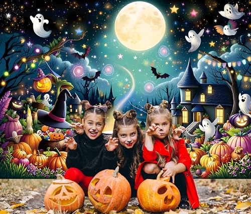 Halloween Cartoon Backdrop Full Moon Night Magic Cauldron Bat Forest Kids & Adults 8x6FT