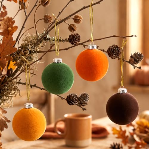 Fall Velvet Ornaments Set - 12 Rustic Hanging Balls for Decor, 2.36"
