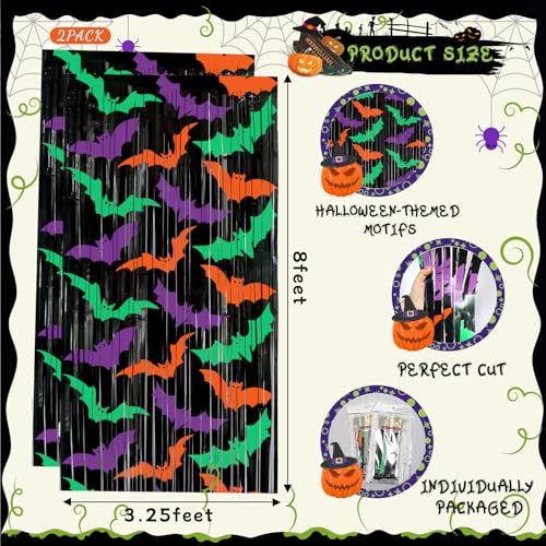 Bat Foil Fringe Curtains - Purple, Green, Orange Halloween Door Streamers for Photo Backdrop