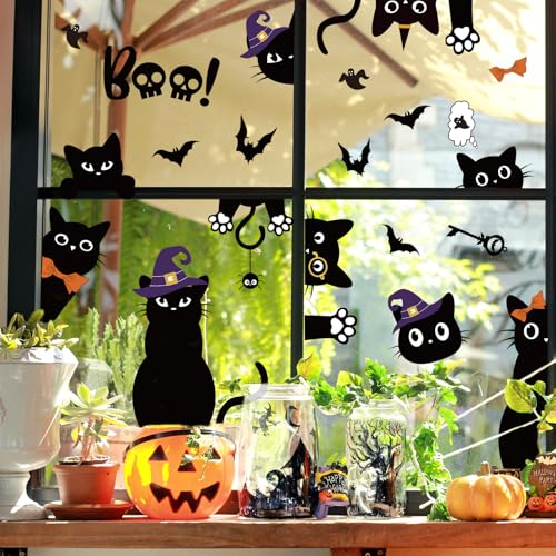 Halloween Black Cat Window Clings - Double-Sided Boo Decal Set for Glass & Mirrors, 4 Sheets