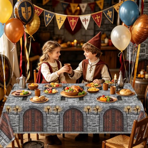 Medieval Brick Tablecloth Set - Waterproof 4 Pack for Castle Party Decor (51 x 86 Inches)