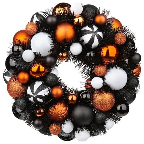 Halloween Ball Wreath 13 Inch Xmas Holiday Door Wall Decor Glitter Ornaments, White Black Orange
