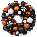 Halloween Ball Wreath 13 Inch Xmas Holiday Door Wall Decor Glitter Ornaments, White Black Orange