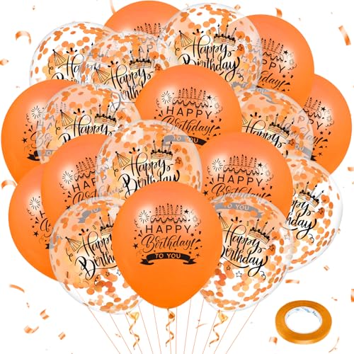 Orange Happy Birthday Latex Confetti Balloons - 18Pcs Party Decorations