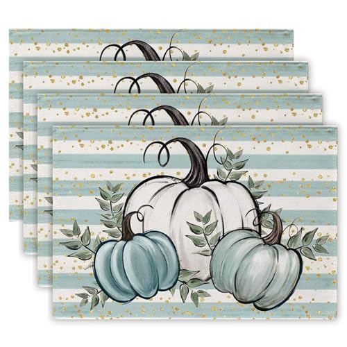 Thanksgiving Placemats Set of 4 - 12x18 Inch Pumpkin & Maple Leaf Design - Blue