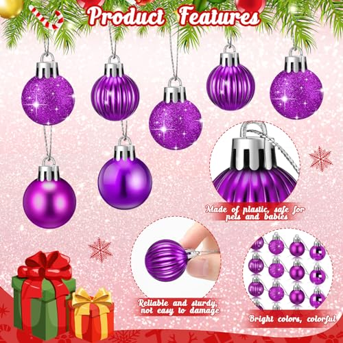 48 Pcs Purple Christmas Mini Ball Ornaments - Glitter Holiday Tree Decorations, 1.2 Inch