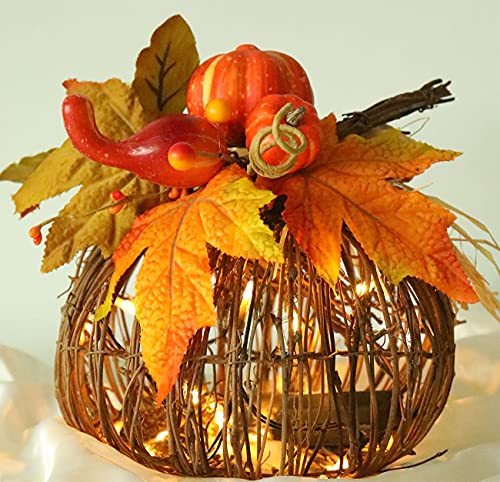 8-Inch Lighted Pumpkin Decor with Maple Leaves and Berries - Fall Table Centerpiece