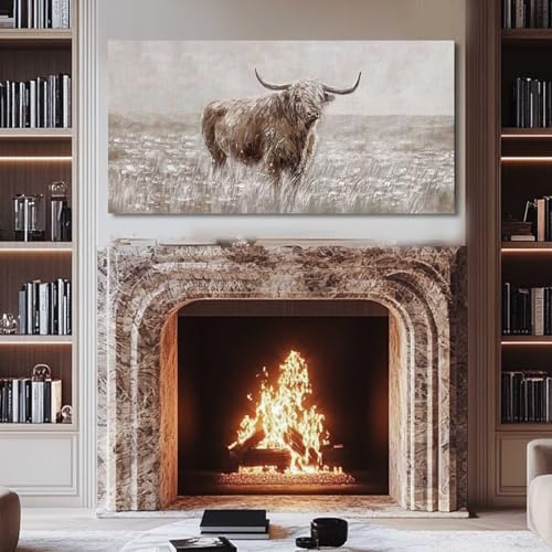 Highland Cow Canvas Wall Art Rustic Decor - Brown, 48 x 24 Inches