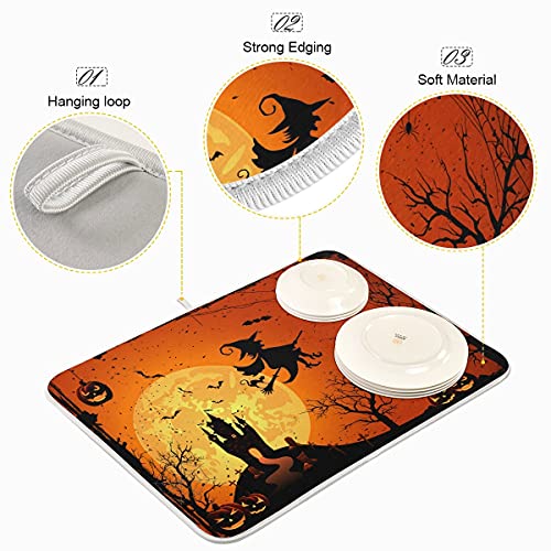 Halloween Pumpkin Witch Dish Drying Mat 16x18 Reversible Kitchen Counter Decor
