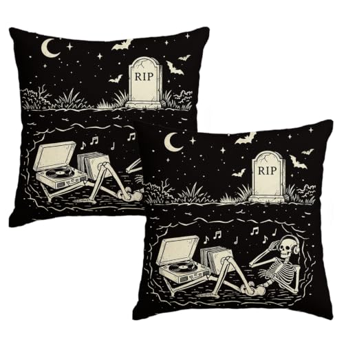 Halloween Skeleton Pillow Covers Set of 2 - Black 18x18 Inches Decorative Throw Pillows