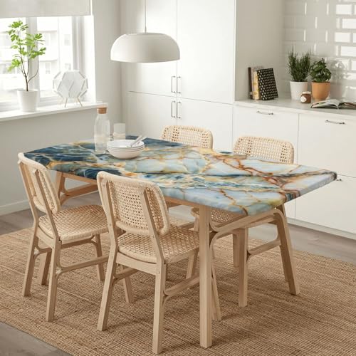 Natural and Golden Lines Marble Tablecloth for 5ft Rectangular Table - Washable & Waterproof