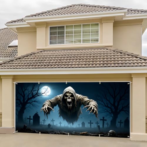 Halloween Garage Door Banner Cover - Cemetery Ghosts 7 x 16 FT Outdoor Decor - Spooky Party Supplies