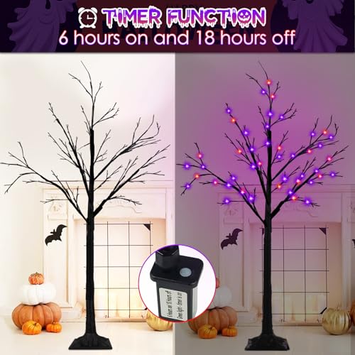 Halloween Black Lighted Tree with Orange & Purple LED Lights - 4Ft 2-Pack - Bendable Indoor Outdoor Decor