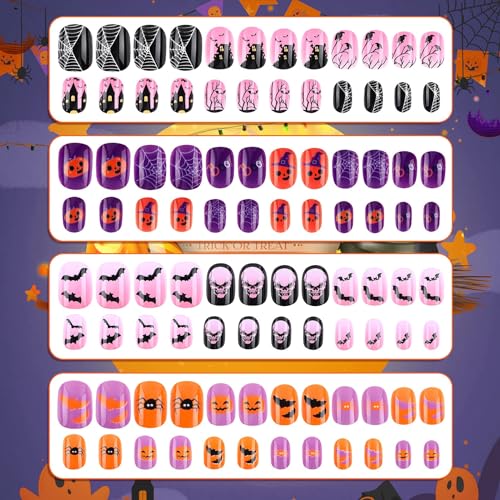 Halloween Kids False Nails Short Press-On Set - Bat Pumpkin Skull Web Theme