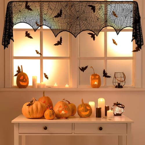 Black Lace Spiderweb Fireplace Mantel Scarf Halloween Decor - Aridantrp
