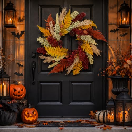 Aelora 24 Inch Fall Wreath for Front Door - Pine Cones, Wheat Ears, Autumn Decor - Variation A