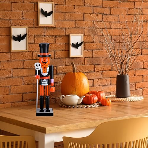 Halloween Pumpkin Nutcracker Decor - Wooden 15 Inch Orange Figurine - Pumpkin Variation
