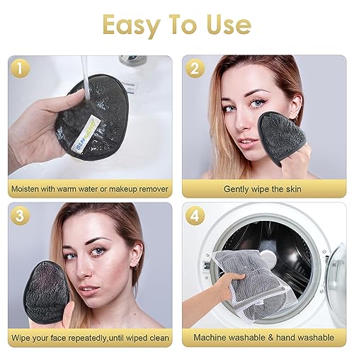 Reusable Makeup Remover Pads 6 Pack - Grey, Soft Microfiber Facial Cleansing Cloths with Travel Bag