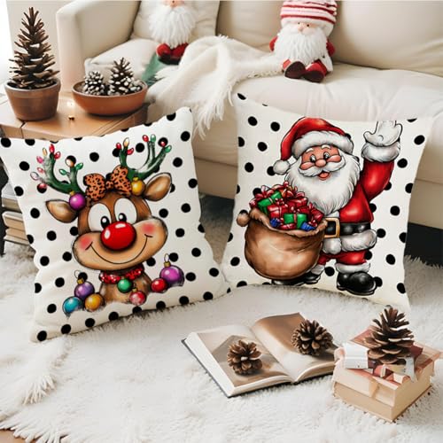 Christmas 18x18 Inch Pillow Covers Set of 2 Santa Elk Double-Sided Holiday Decor