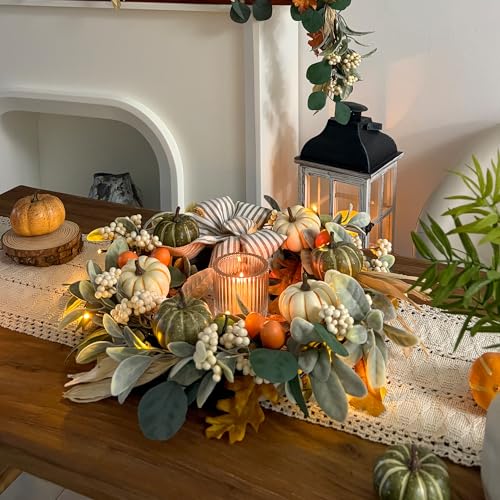 20-Inch Fall Wreath with Lights - Eucalyptus Pumpkins Autumn Decor