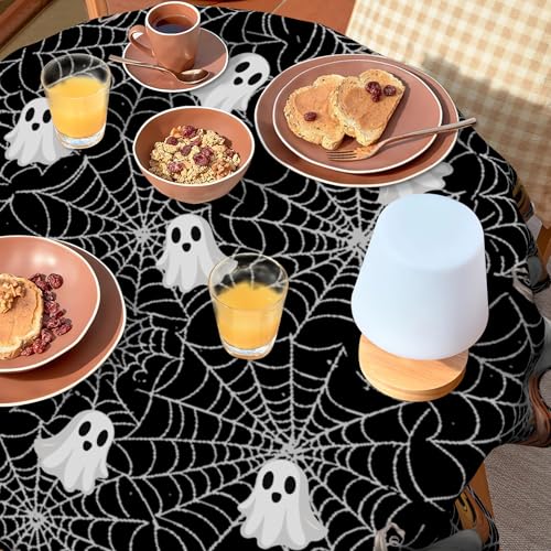 Halloween Round Tablecloth 60 Inch with Spiderweb & Pumpkin Design - Fall Autumn Decor