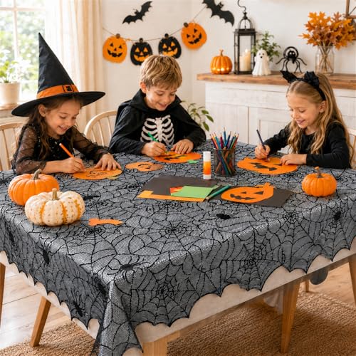 Halloween Spider Web Lace Tablecloth - 54x72 Inch Black Spooky Decor