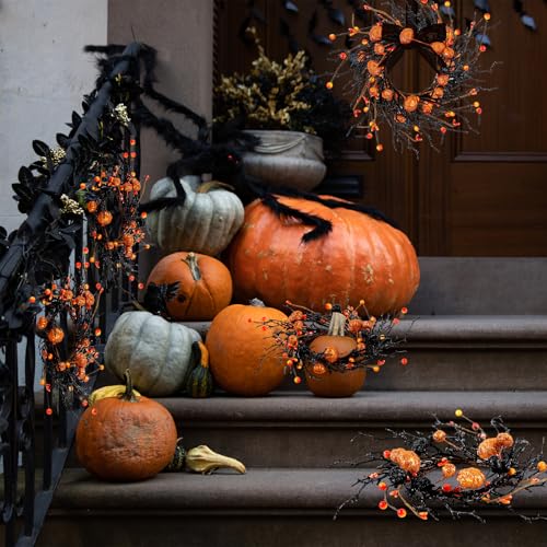 Halloween Candle Rings Set - 4 Tapered Fall Berry Pumpkin Wreaths with Variation 4