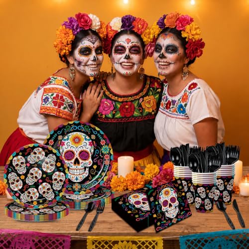 Day of the Dead Party Supplies Set - Sugar Skull Plates Napkins Cups Silverware - Black & Colorful Design