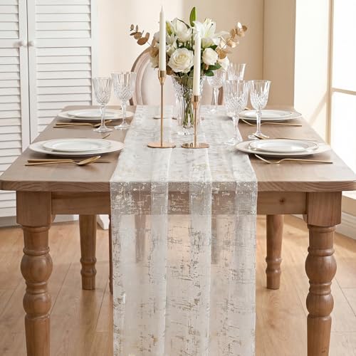 28x120 Inch White Silver Gauze Table Runner - Sheer Glitter for Wedding & Event Decor