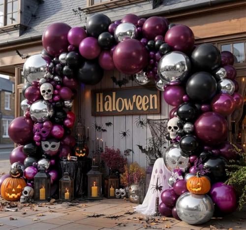 Black Purple Balloon Arch Kit Double Stuffed Purple Silver Foil Balloons