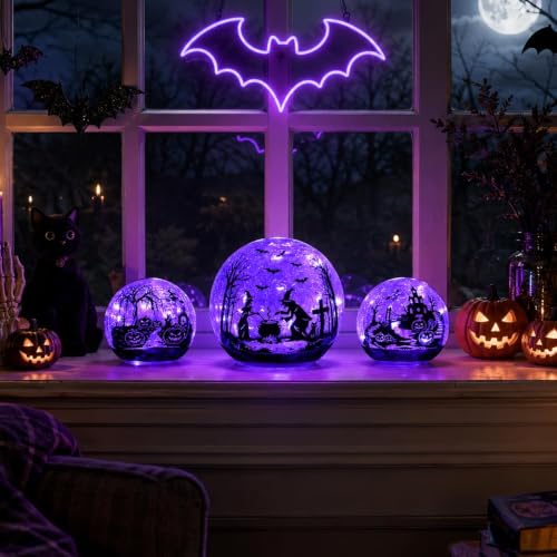 Halloween Glass Ball Decor Set - 3 Pack Purple LED Globes with Timer - Witch, Pumpkin & Bat Scenes