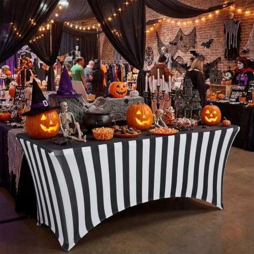 6ft Black and White Striped Spandex Tablecloth Halloween Decoration - Variation 1