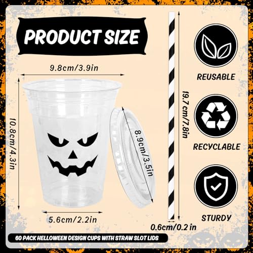 Black Pumpkin Face Halloween Disposable Plastic Cups with Lids & Straws - 12oz, 60 Pack