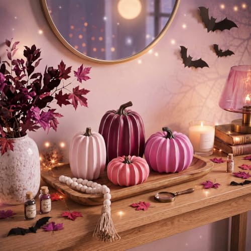 Resin Fall Pumpkin Decor Set - Pink Series, 4 Artificial Pumpkins for Thanksgiving & Halloween