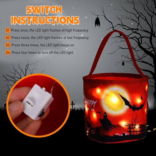 LED Light Up Pumpkin Candy Bag - Collapsible Reusable Halloween Trick or Treat Basket - Red