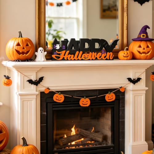 Wooden Halloween Table Decorations - Spooky Pumpkin Ghost Festive Centerpiece