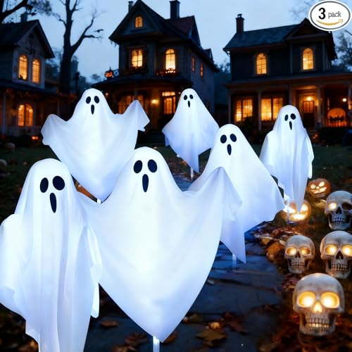 3 Pack Solar Ghost Pathway Lights Outdoor Halloween Stake Decor