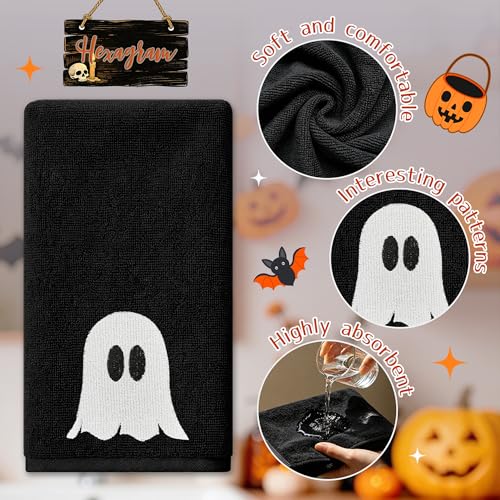 Halloween Hand Towels Set - 14x30 Inch Embroidered Ghost Bathroom Decor - Hexagram