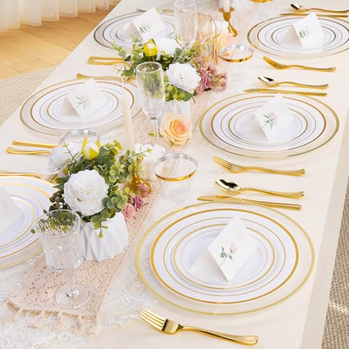 Gold Rim Disposable Charger Plates 12 Inch - 25 Pack Clear Plastic Table Decor