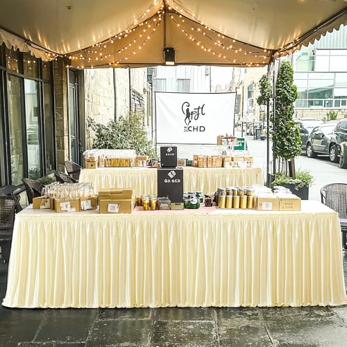 14ft Champagne Satin Table Skirt for Rectangular Tables - Wrinkle-Resistant Ruffle Party Decor
