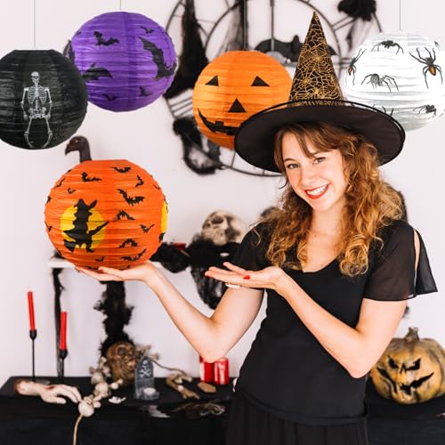 Halloween Hanging Paper Lanterns Set - Jack-O'-Lantern, Skeleton, Spider & Witch Decor, 10 Pieces
