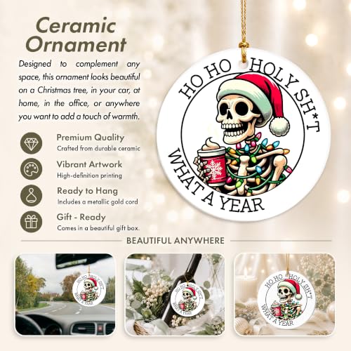 Funny Skeleton Christmas Ornament - Santa Skull Lights Keepsake - Dark Humor Holiday Decor